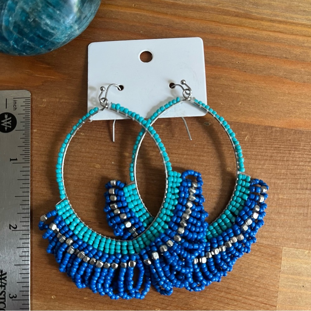 Boho Style Turquoise & Cobalt Beaded Dangle Hoop Earrings - Women Jewelry - Picture 4 of 5